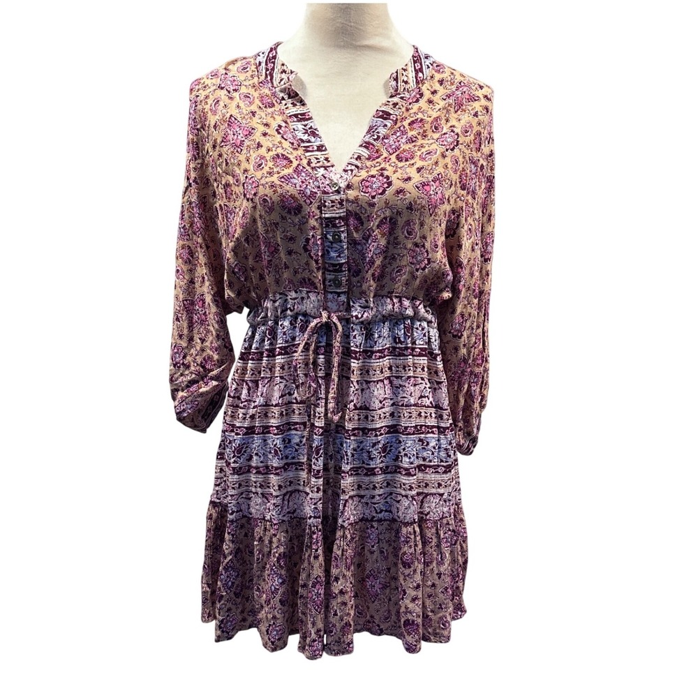 Billabong Floral Print Dress Boho Mini Casual Drawstring Waist Size Small